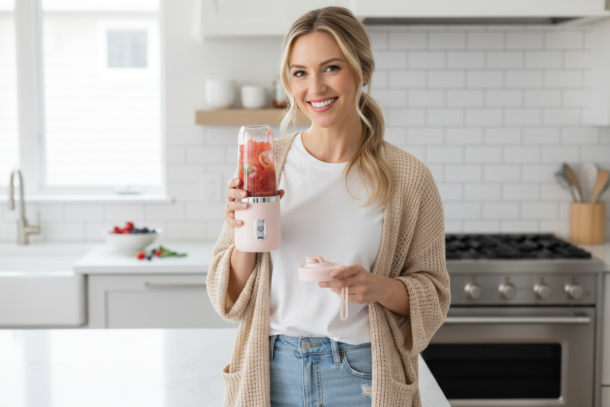 Woman using exact blender in kitchen